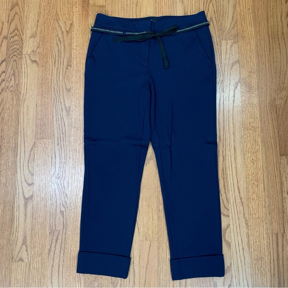 White House Black Market Girlfriend Cuffed Cropped Navy Trousers with Glitz Belt